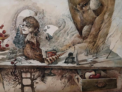 Surreal watercolor of woman with glasses and Dürer’s Rabbit by Yuriy Laptev