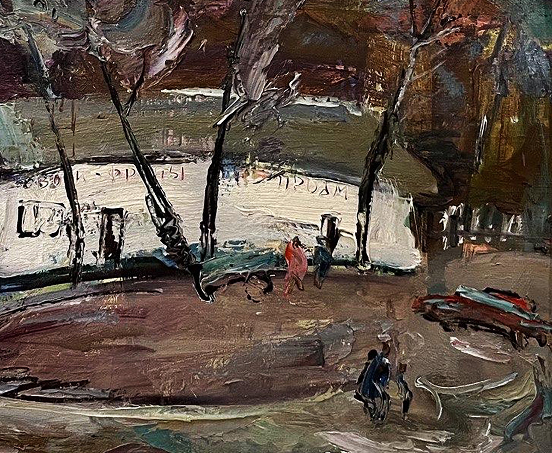 Oil painting Once upon a time in the village by Oleksandr Andreev, abstract expressionist with bold textured brushstrokes in earthy browns, muted greens and stark whites
