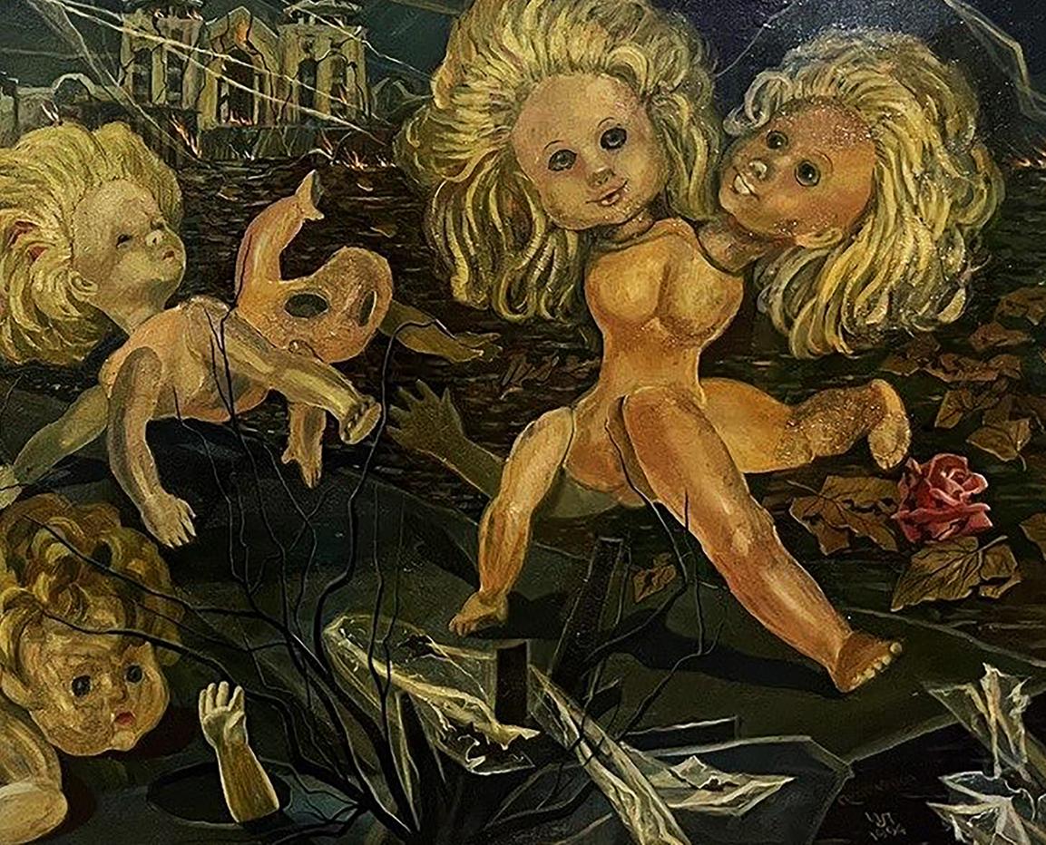 Oil painting Psychedelic Walk by Leonid Ilyinsky: haunting doll figures in ruins