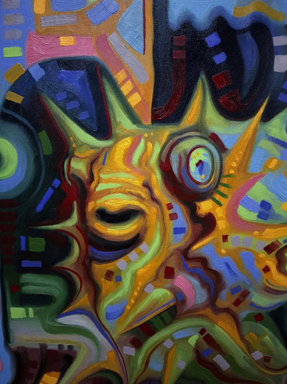 Vibrant Green Electric Fugu oil painting by Sergiy Voichenko, sun-like face