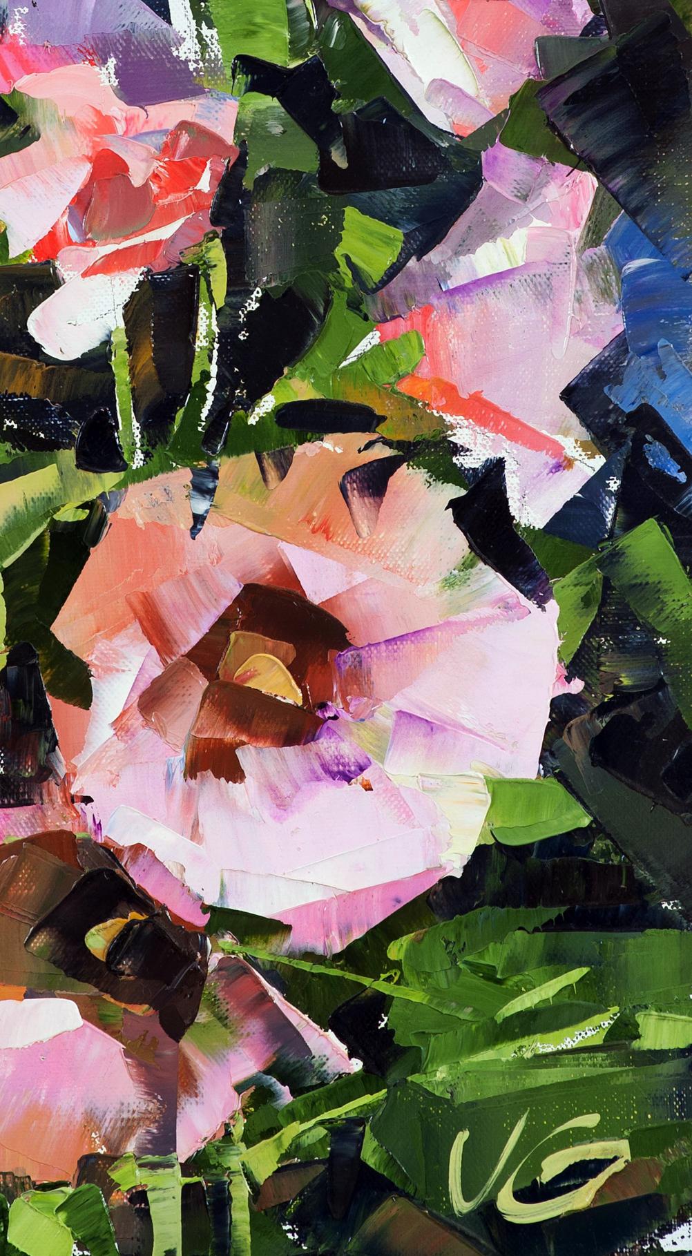 Oil painting Pink flowers Volodymyr Gluhomanyuk with pink roses and green leaves