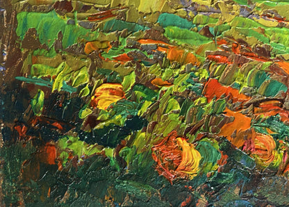 Oil painting of pumpkins growing in garden by Oleksiy Ivanyuk