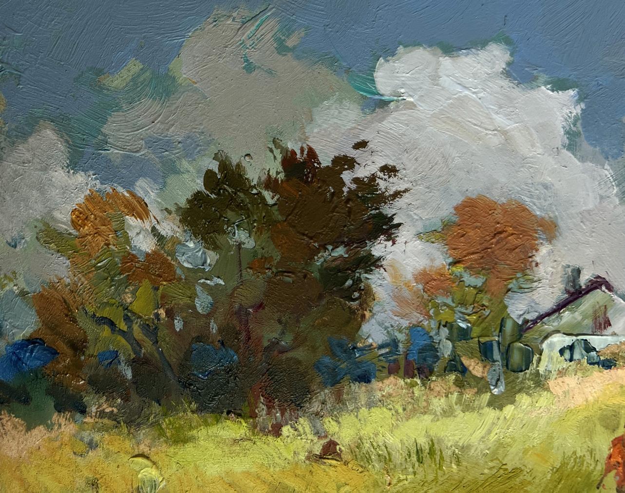 Oil painting by Yuriy Suprunchuk: couple walking autumn field landscape