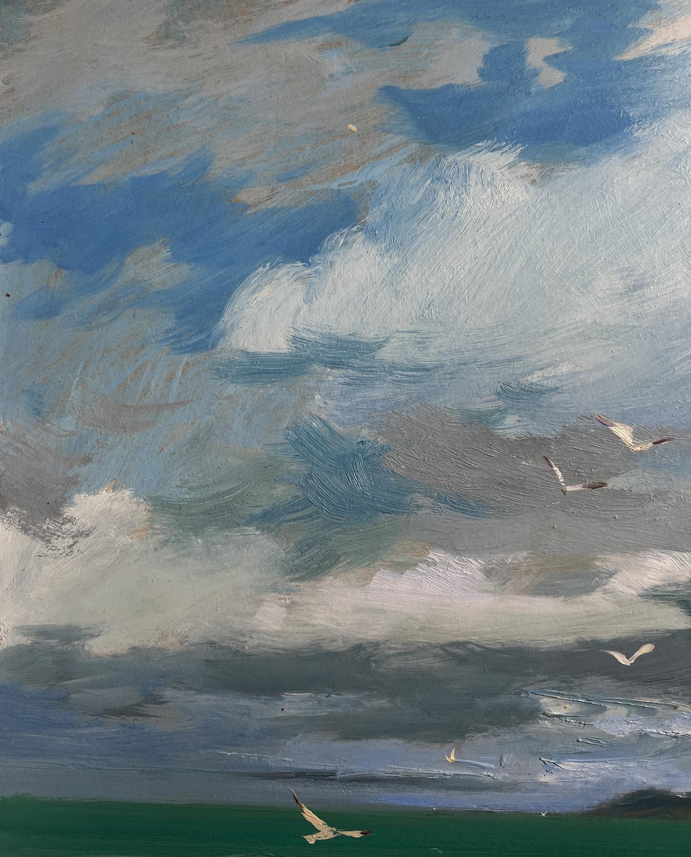 Oil painting Bound by the Current by Yuriy Suprunchuk with swirling sky and seagulls
