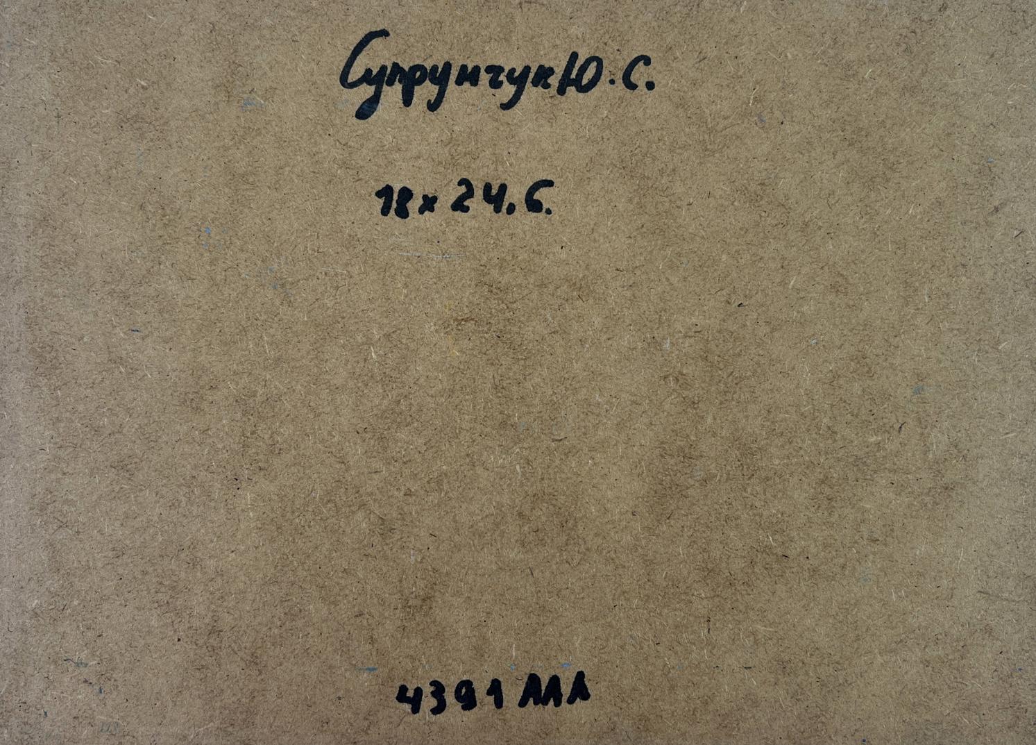 Back of Yuriy Suprunchuk oil painting Reflection of nature: brown textured paper with handwritten Cyrillic text and measurements
