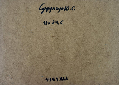 Back of Yuriy Suprunchuk oil painting Reflection of nature: brown textured paper with handwritten Cyrillic text and measurements