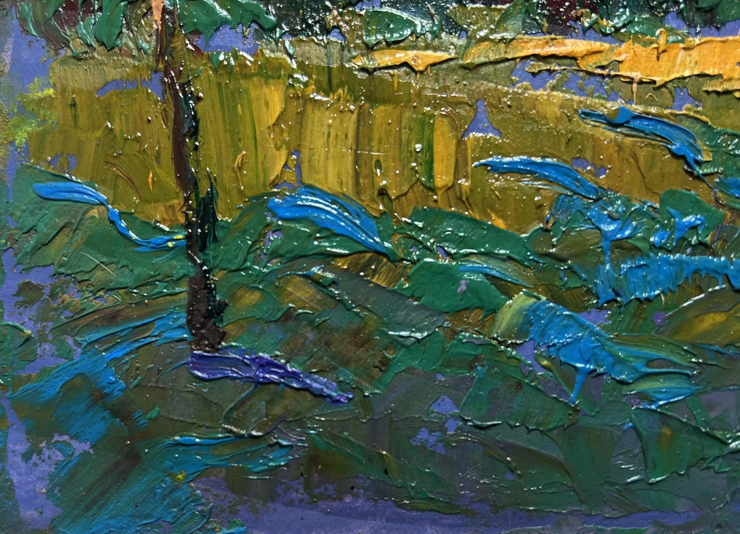 Oil painting Evening rays of the sun by Oksana Ivanyuk with green blue yellow strokes