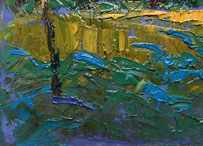 Oil painting Evening rays of the sun by Oksana Ivanyuk with green blue yellow strokes