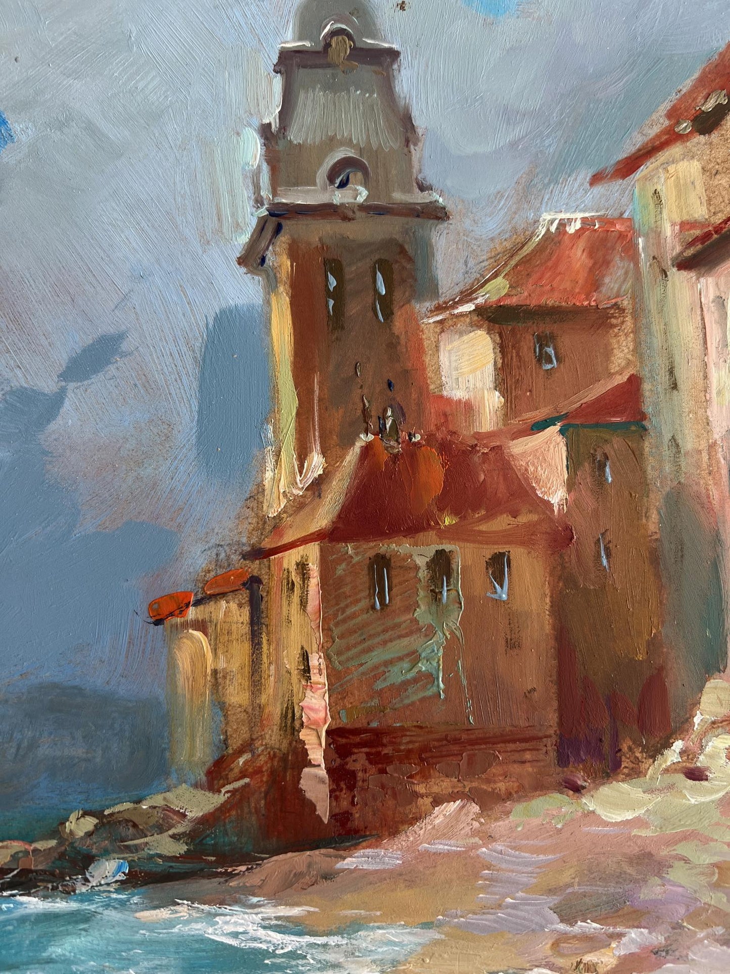 Oil painting of quiet pier near coastal village by Yuriy Suprunchuk