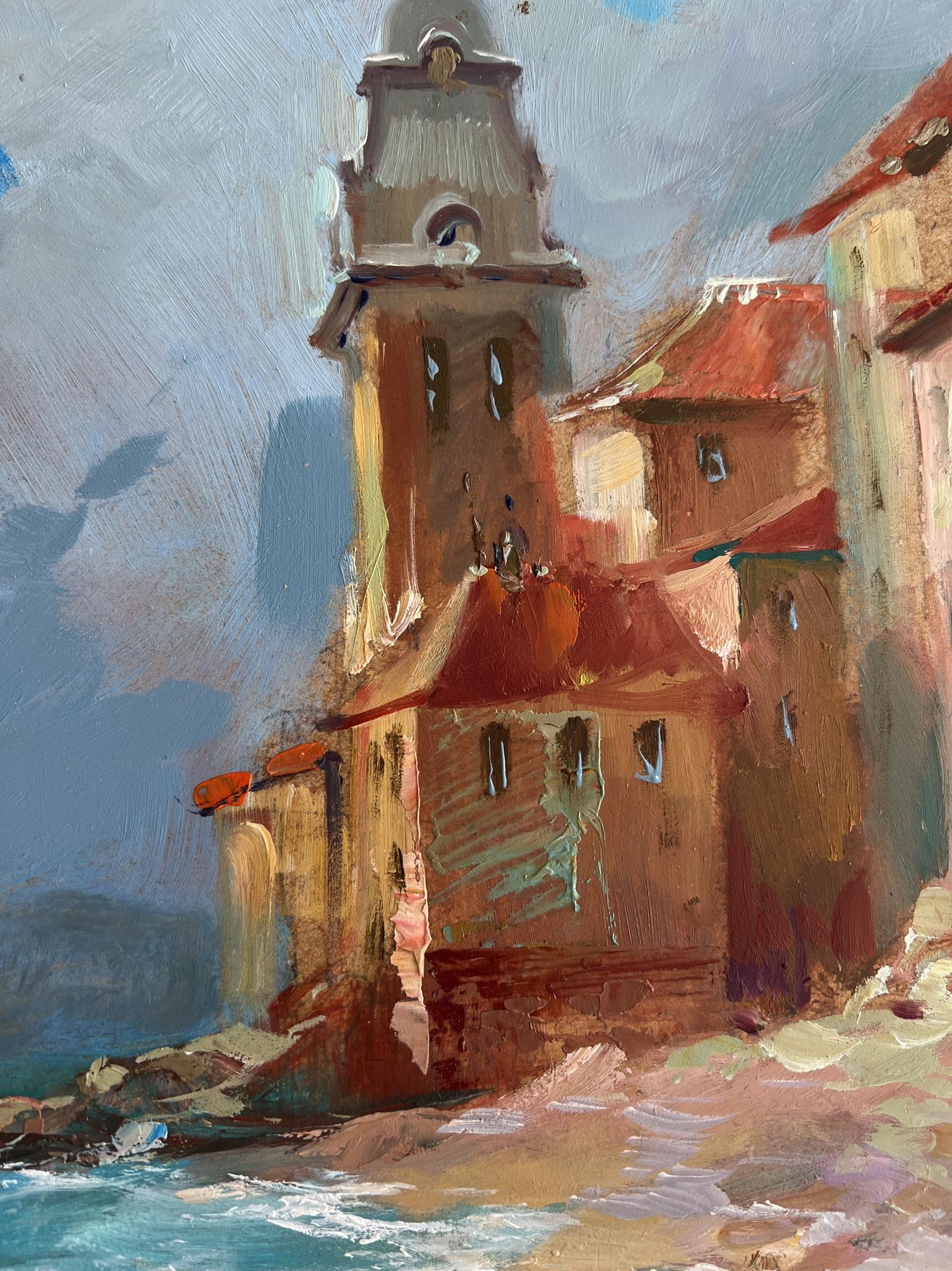 Oil painting of quiet pier near coastal village by Yuriy Suprunchuk