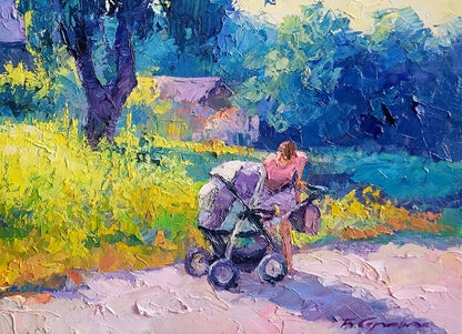 Vibrant impressionist oil painting Morning Boris Serdyuk: woman in pink pushes stroller on sunlit path