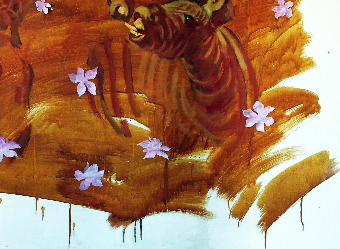 Oil painting Kiss Ed Potapenkov: textured brownish-orange animal head mural with purple flowers