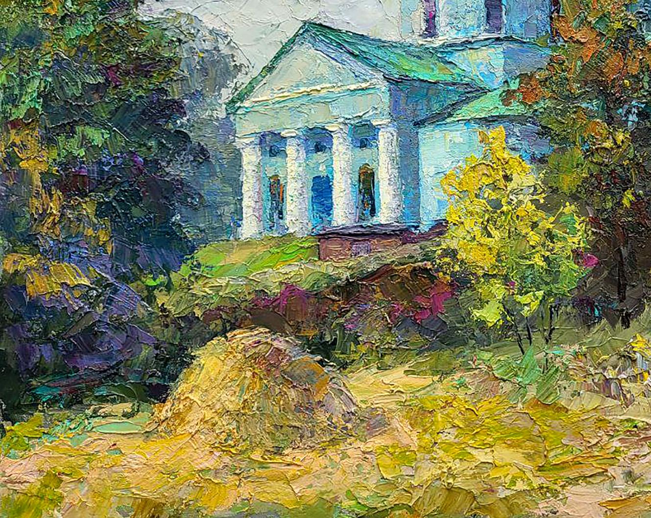 Impressionistic oil painting of Ascension Cathedral by Boris Serdyuk in autumn foliage