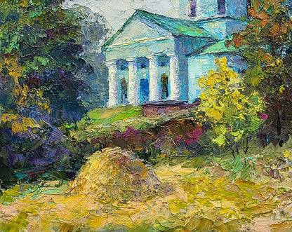 Impressionistic oil painting of Ascension Cathedral by Boris Serdyuk in autumn foliage