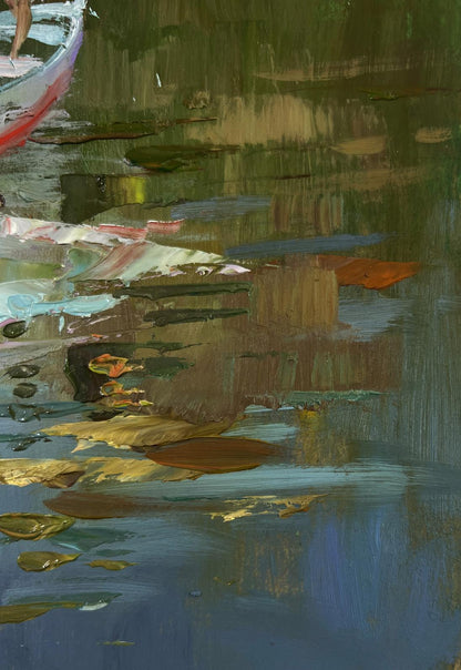 Oil painting of girls sailing in boat by Yuri Suprunchuk on textured water