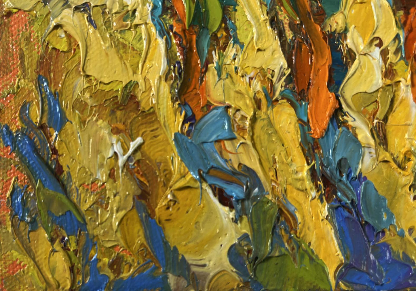 Vibrant Spring Silence oil painting by Oleksiy Ivanyuk in yellow, blue, orange