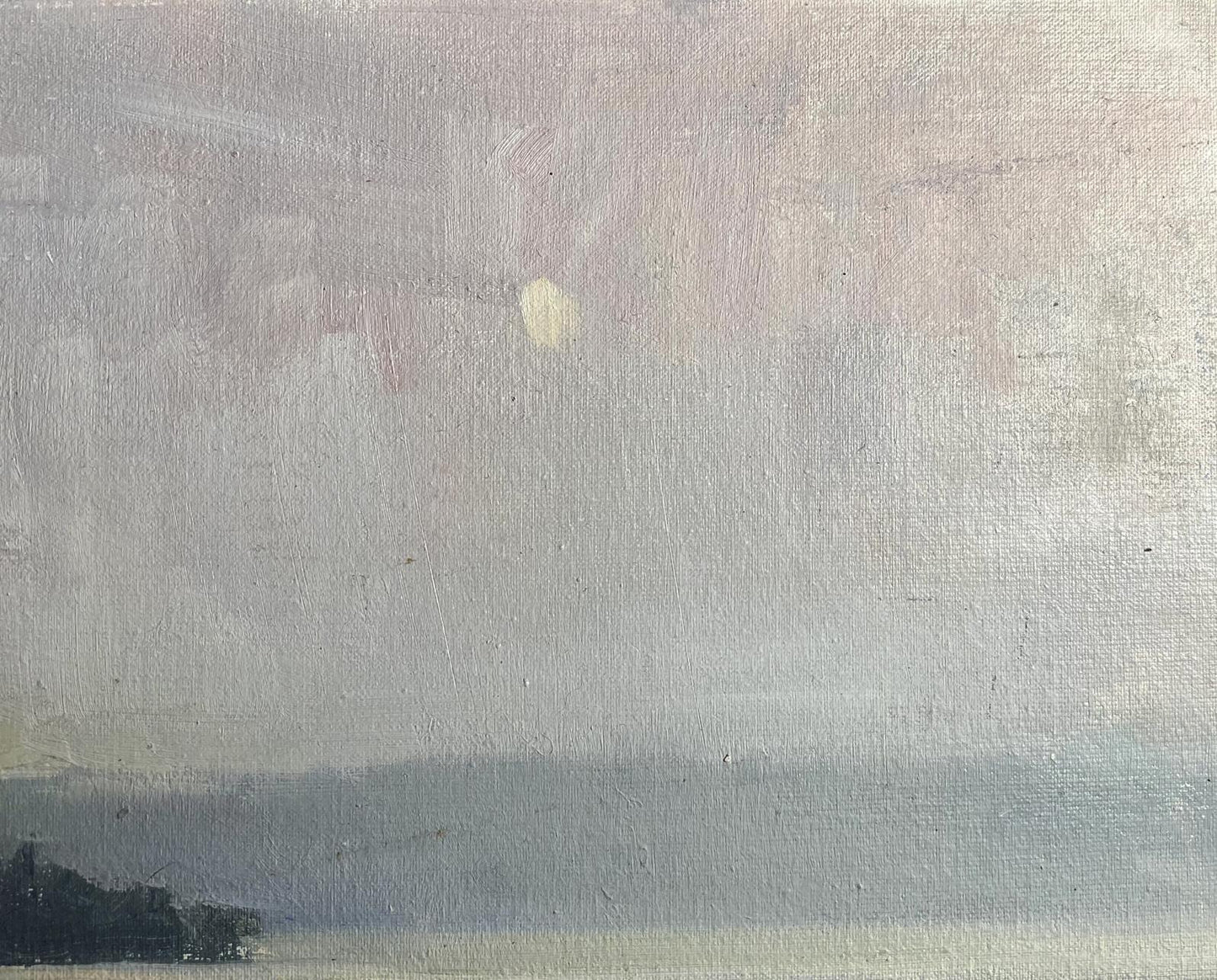 Oil painting Tranquility by the river by Tatyana Derdey, glowing moon in misty clouds