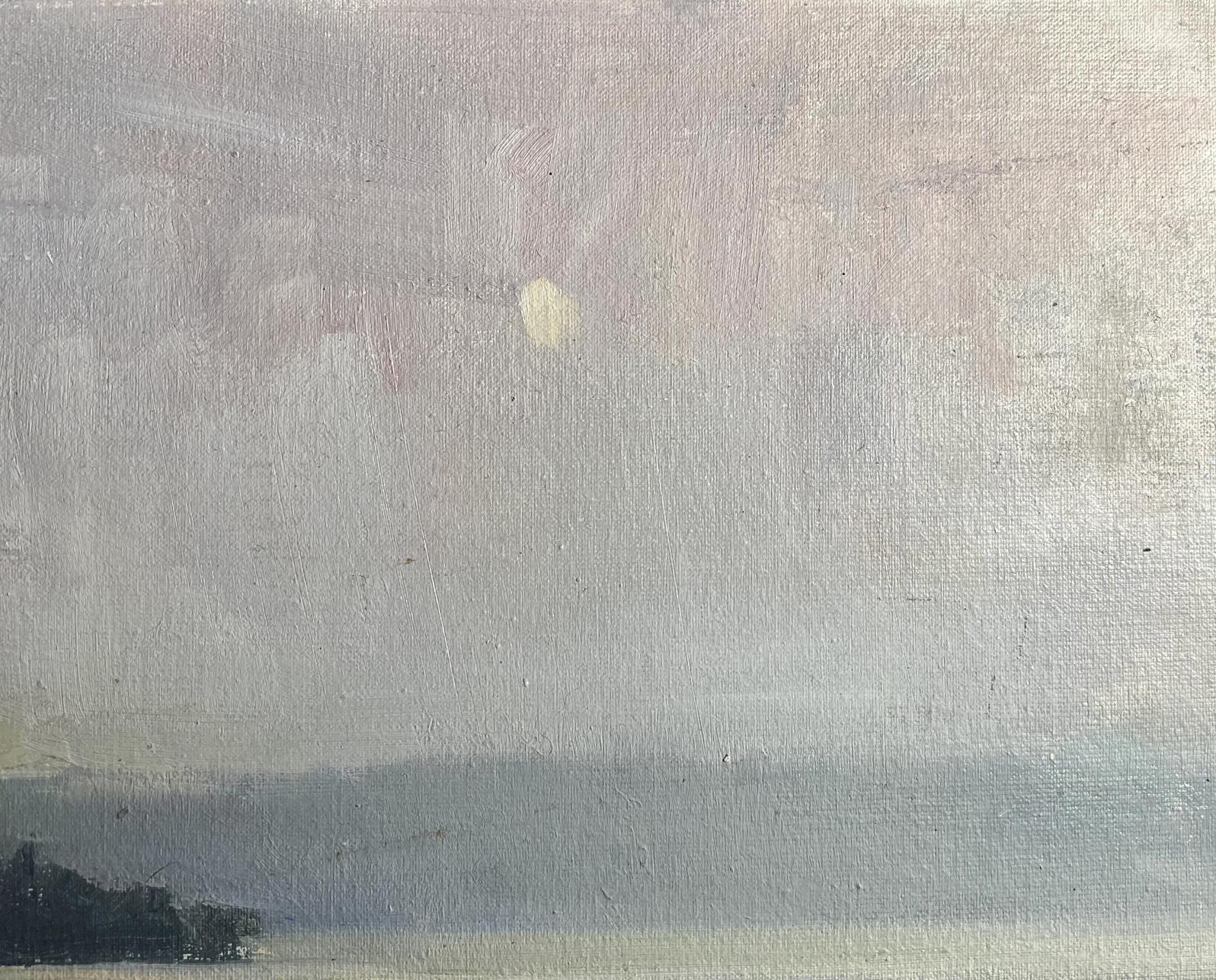Oil painting Tranquility by the river by Tatyana Derdey, glowing moon in misty clouds