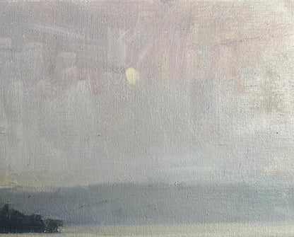 Oil painting Tranquility by the river by Tatyana Derdey, glowing moon in misty clouds