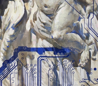 Oil painting System angels by Ed Potapenkov with circuit overlays