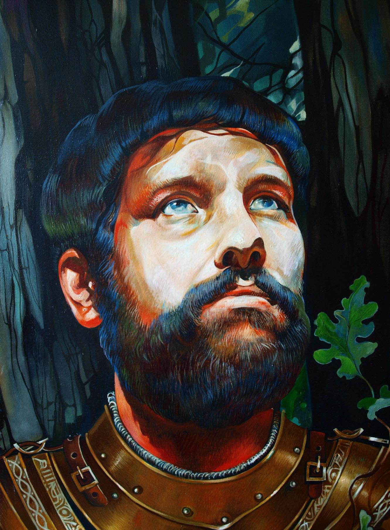 Oil painting of bearded Bhima by Konsta G. Amelinn in golden armor