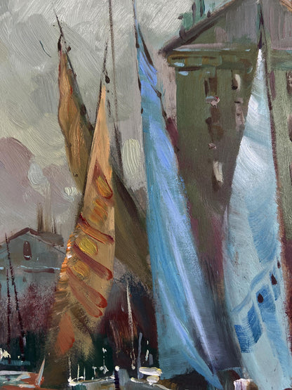 Oil painting of quiet Venice harbor with vibrant orange blue sails by Yuriy Suprunchuk