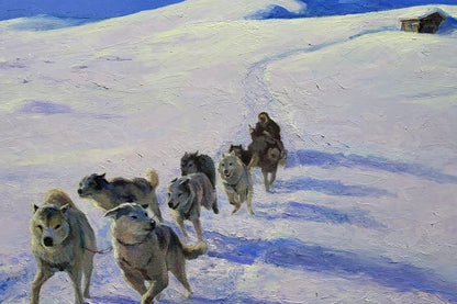 Oil painting of sled dogs sledding in snowy mountains by Boris Serdyuk