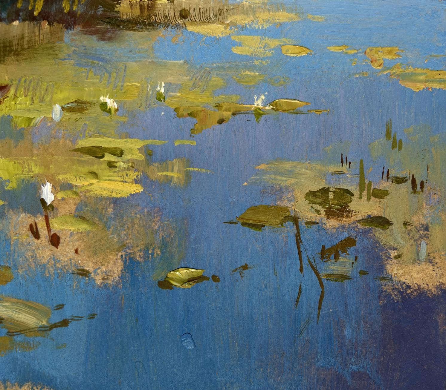 Textured impressionist oil painting of pond with boat, reeds, lily pads by Yuriy Suprunchuk