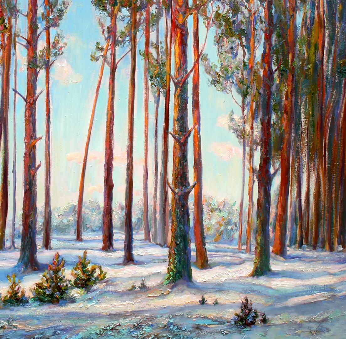 Oil painting of snowy pine forest by Leonid Pavlenko