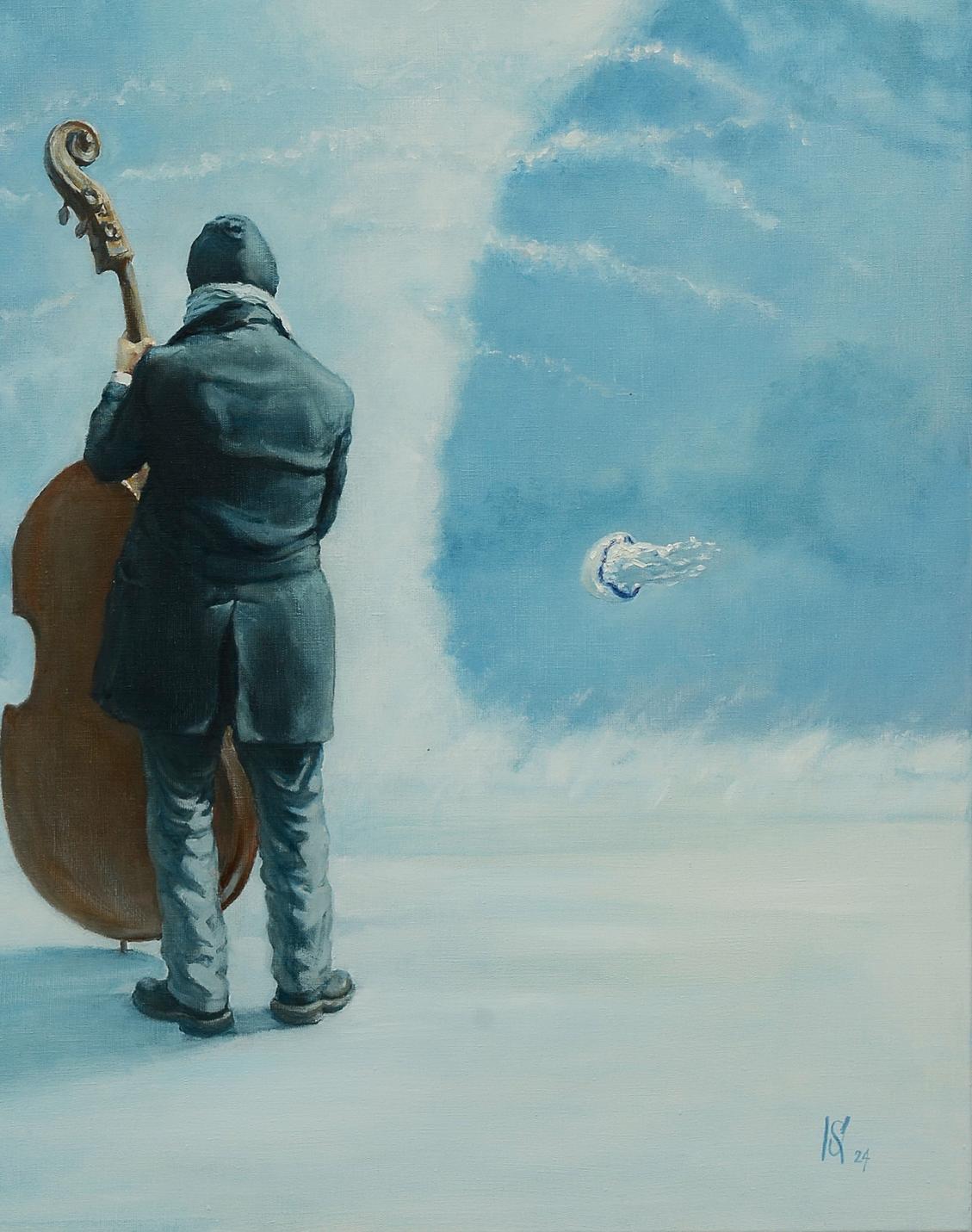 Oil painting of polished double bass on langeron by Oleg Kateryniuk