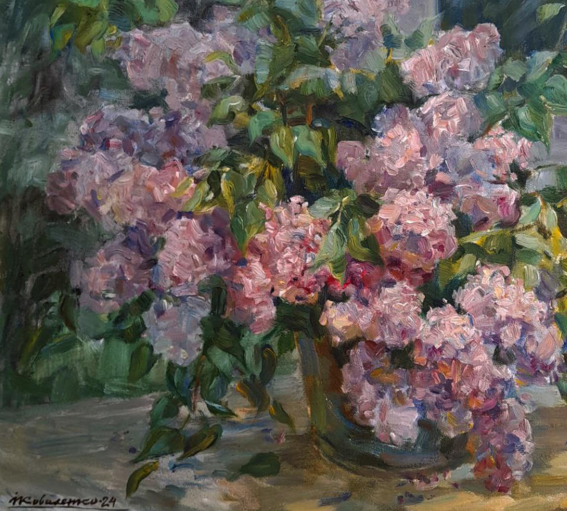 Oil painting of pink purple lilacs bouquet in green vase by Ivan Kovalenko