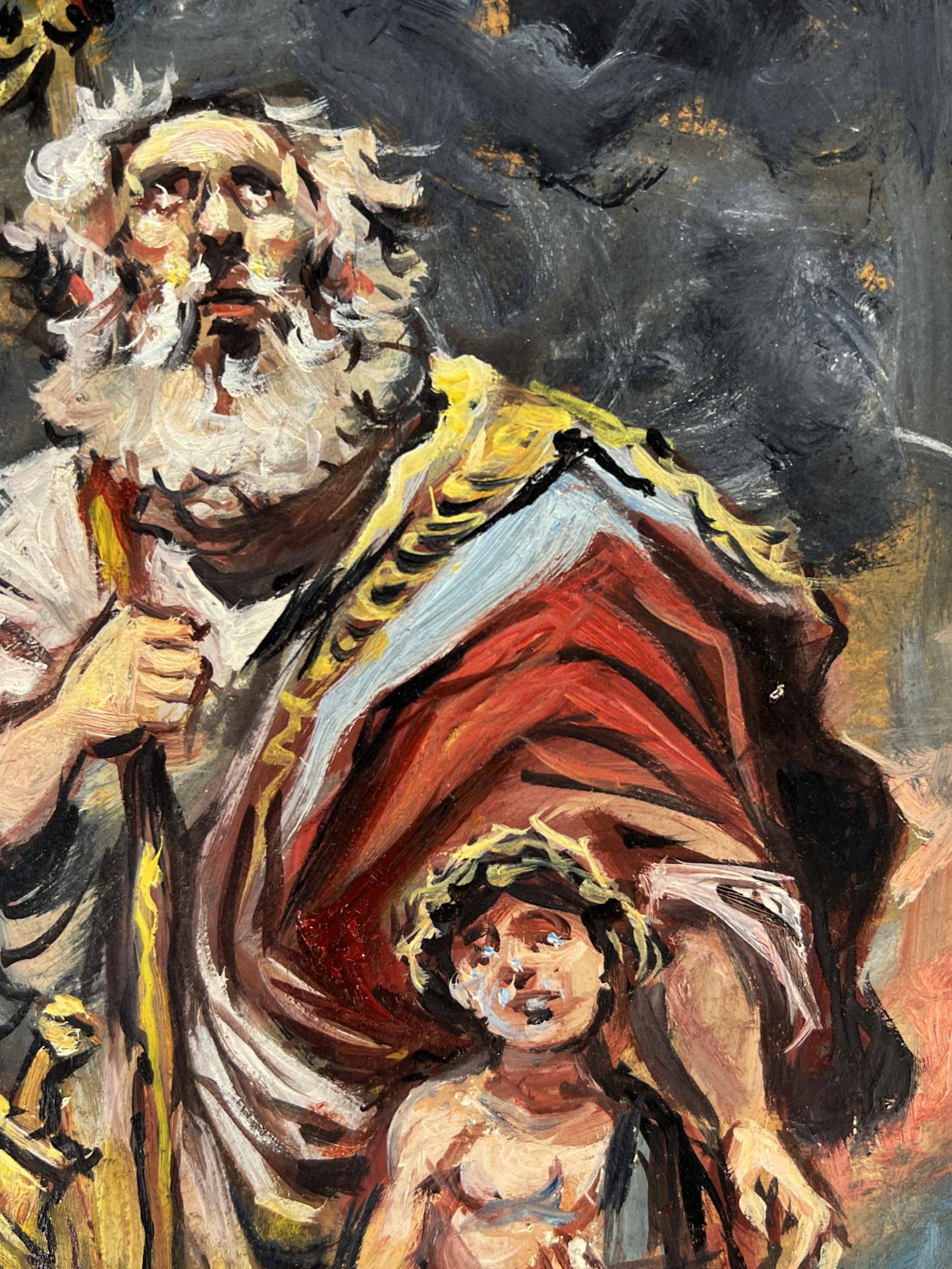 Oil painting of robed father protecting son with laurel wreath by Alexander Litvinov