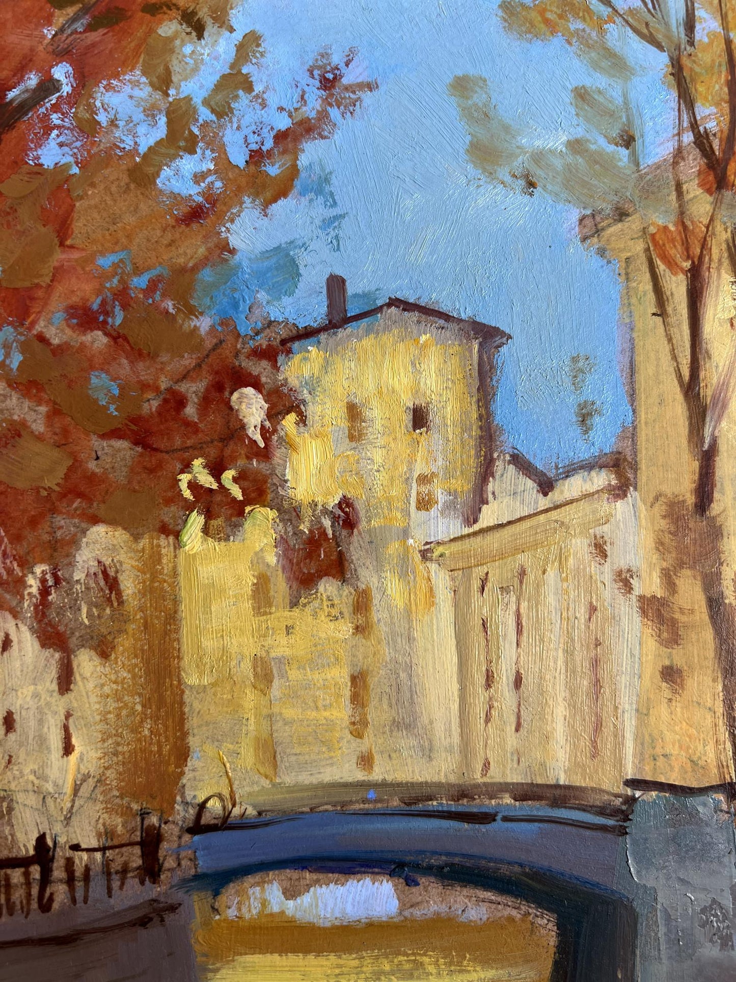 Oil painting Steps on the autumn bridge by Yuriy Suprunchuk, sunlit canal scene