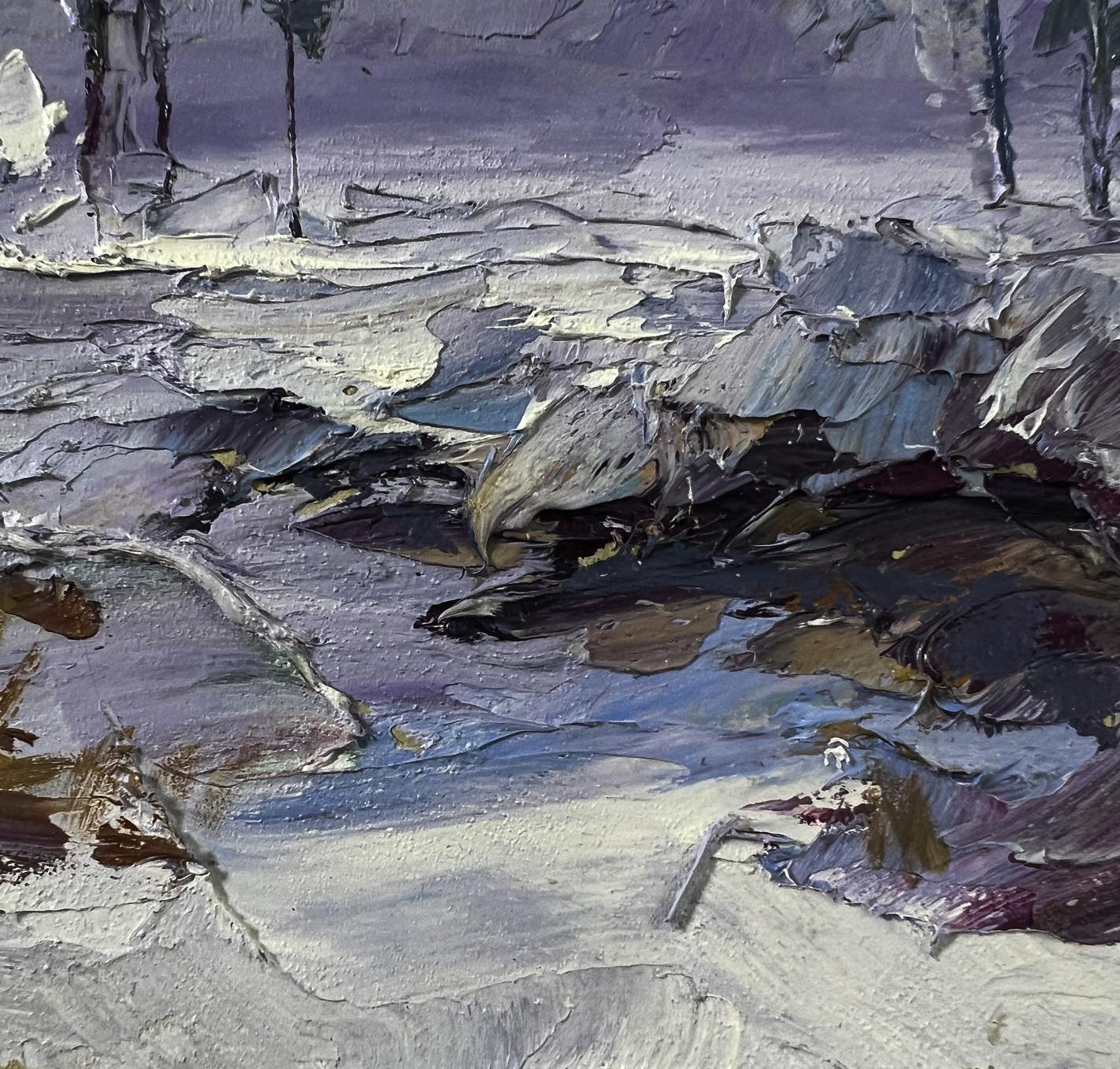 Textured impressionistic oil painting of snowy forest riverbed by Boris Serdyuk