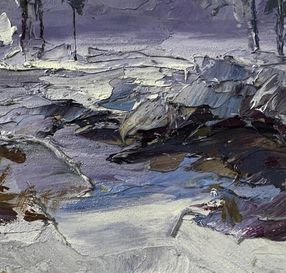 Textured impressionistic oil painting of snowy forest riverbed by Boris Serdyuk