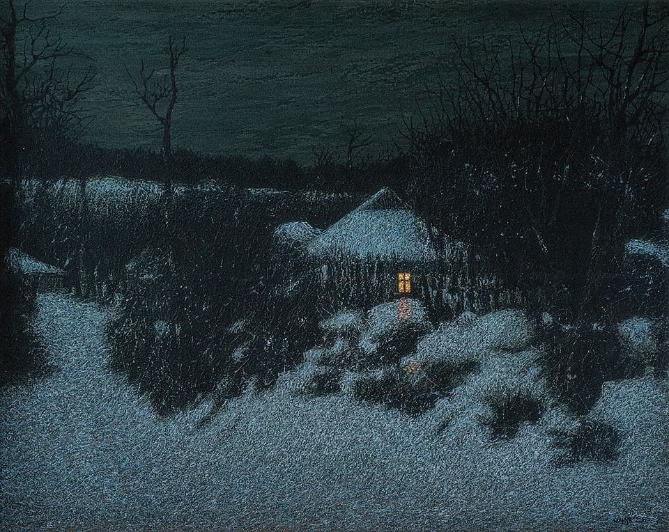 A cozy, snow-covered cottage with a thatched roof and warm light glowing from its window.