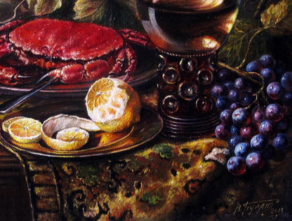 Oil painting Still life with a crab by Valeriy Bulat: red crab, grapes, lemons