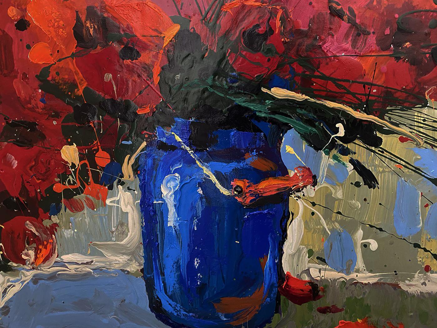 Oil painting Poppies are red Oksana Ivanyuk blue ceramic jar with red black white splatters
