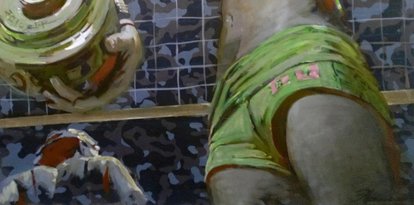 Oil painting of vibrant green athletic shorts by Ed Potapenkov with pink logo