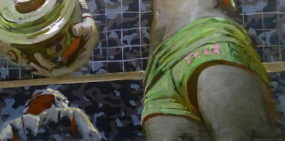 Oil painting of vibrant green athletic shorts by Ed Potapenkov with pink logo