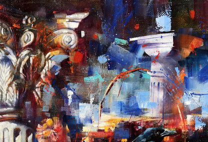 Oil painting Capital by Alexander Dobrodiy with bold blue red white strokes