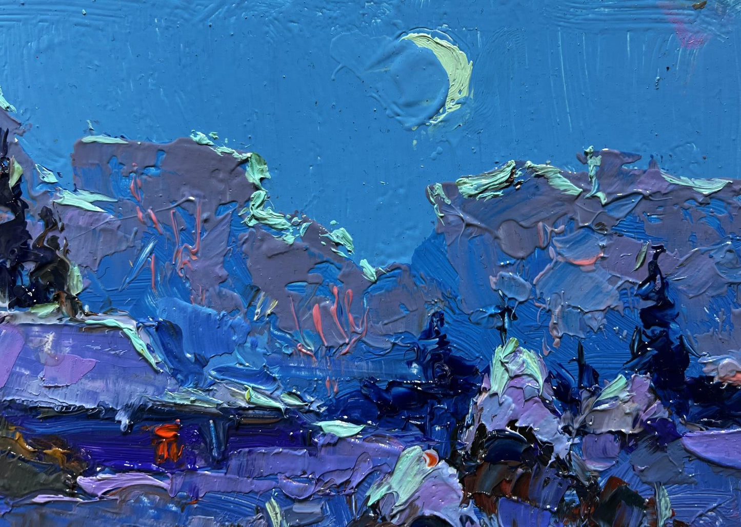Oil painting Moonlit winter night by Oksana Ivanyuk with blue sky and mountains