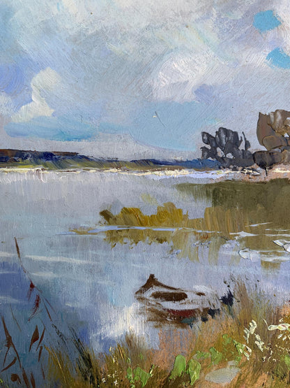 Serene impressionistic oil painting of tranquil lake by Yuriy Suprunchuk