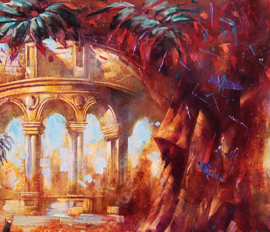 Oil painting Red morning by Alexander Dobrodiy with golden colonnade