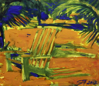 Vibrant impressionistic oil painting Tropic Ed Potapenkov of Adirondack chair in tropical foliage