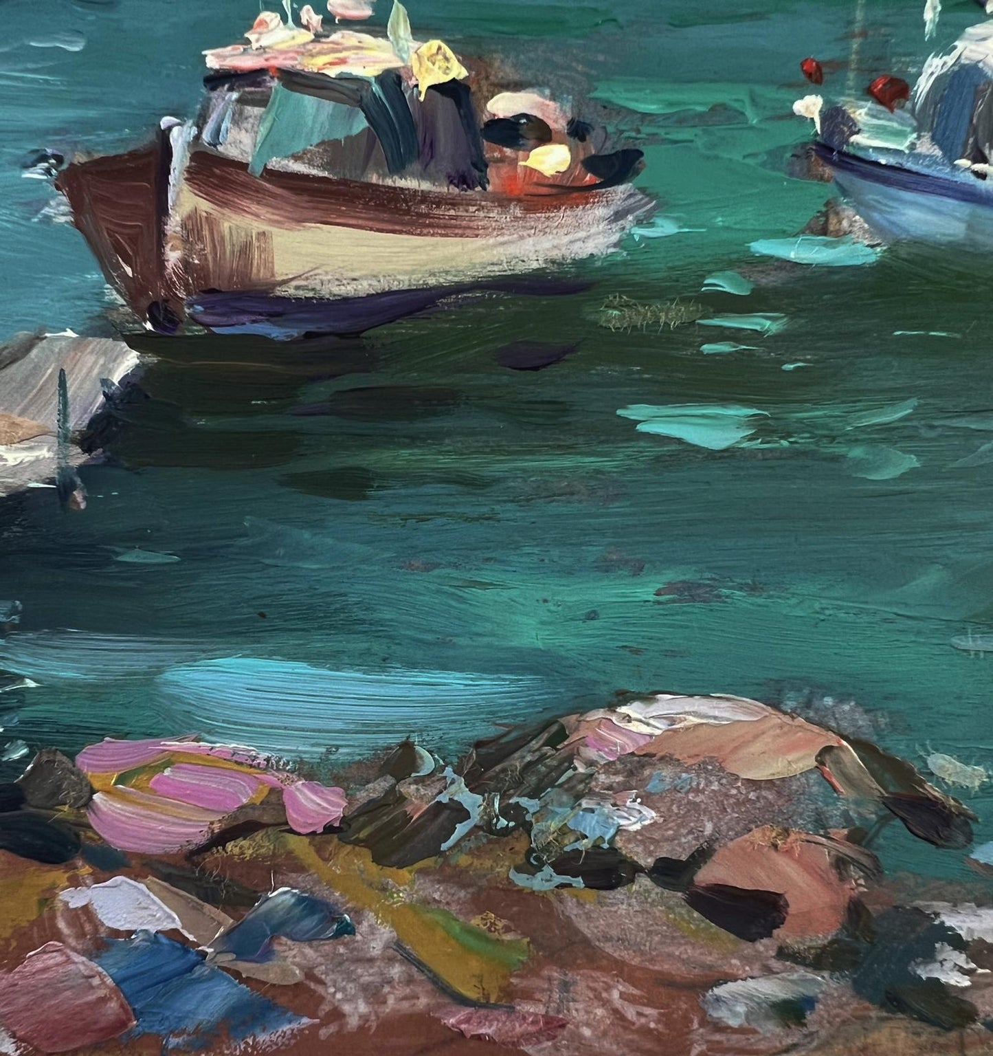 Oil painting of rustic wooden boat on turquoise seashore by Yuriy Suprunchuk