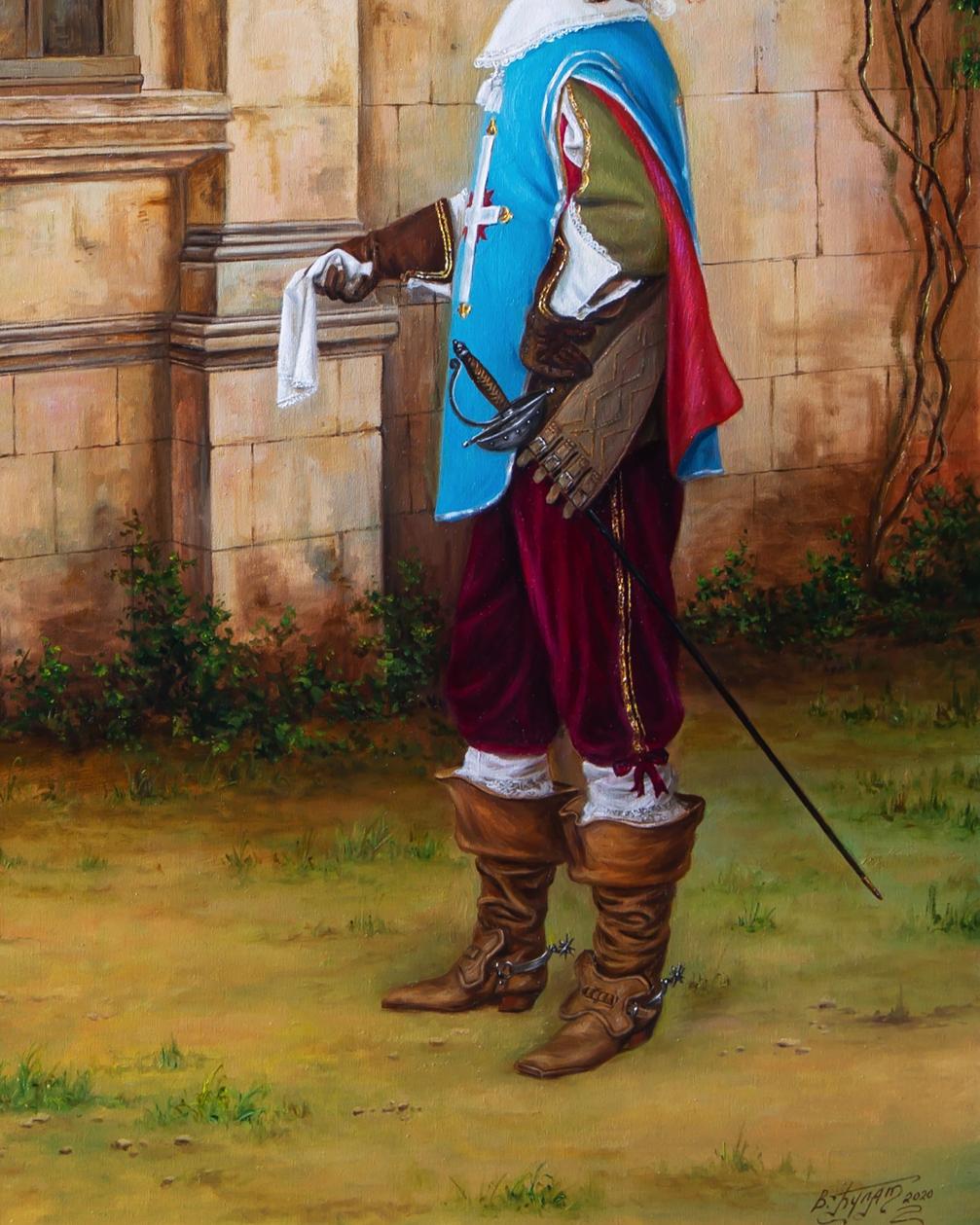 Oil painting Paris is not paved with handkerchiefs by Valeriy Bulat in 16th-century armor