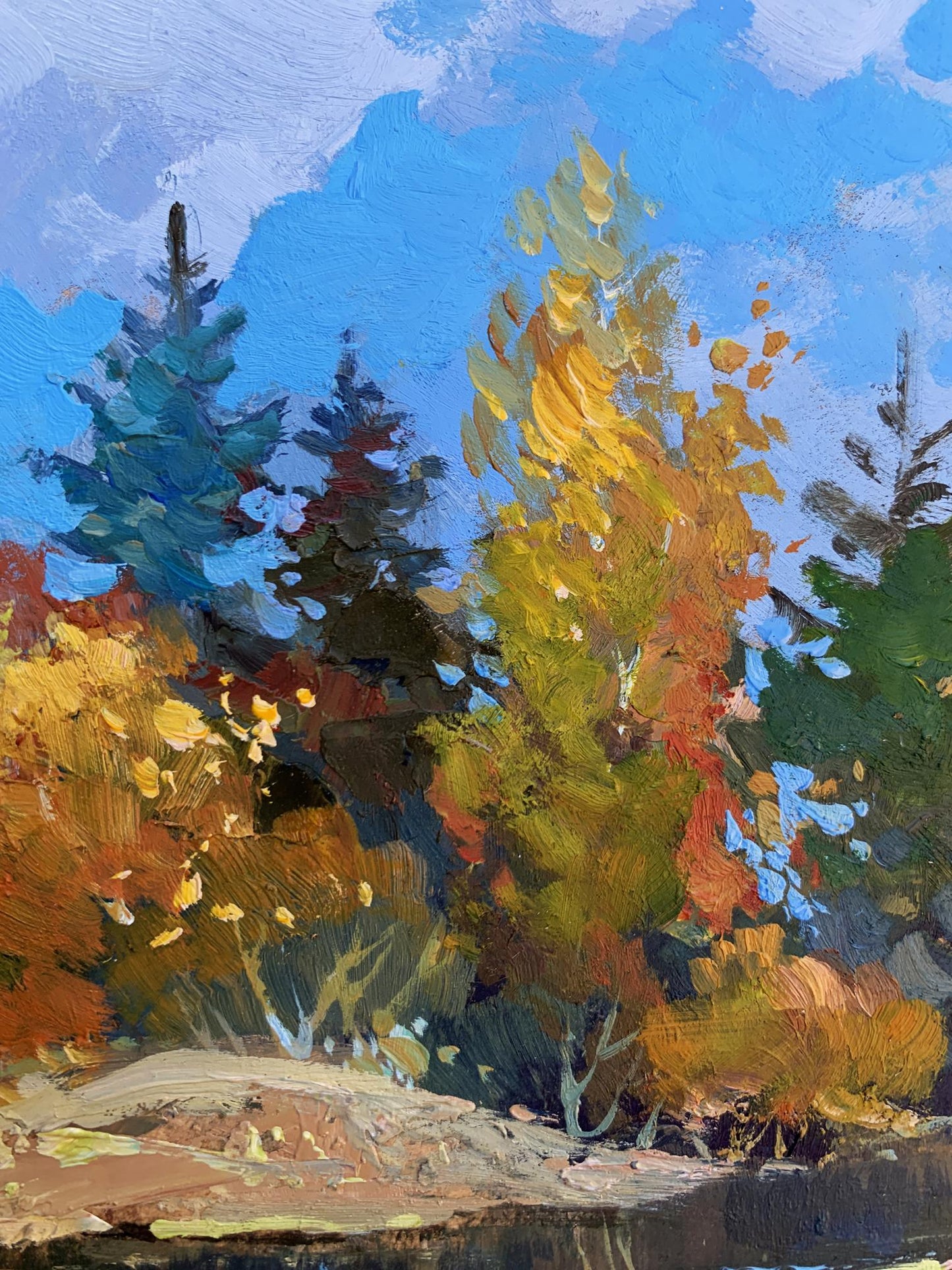 Oil painting Here comes autumn by Yuriy Suprunchuk, vibrant autumn forest scene
