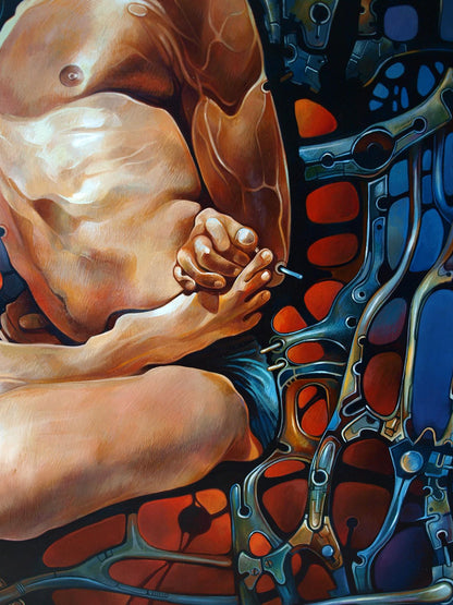 Muscular nude male in surreal Oil painting Kurukshetra Konsta G. Amelinn