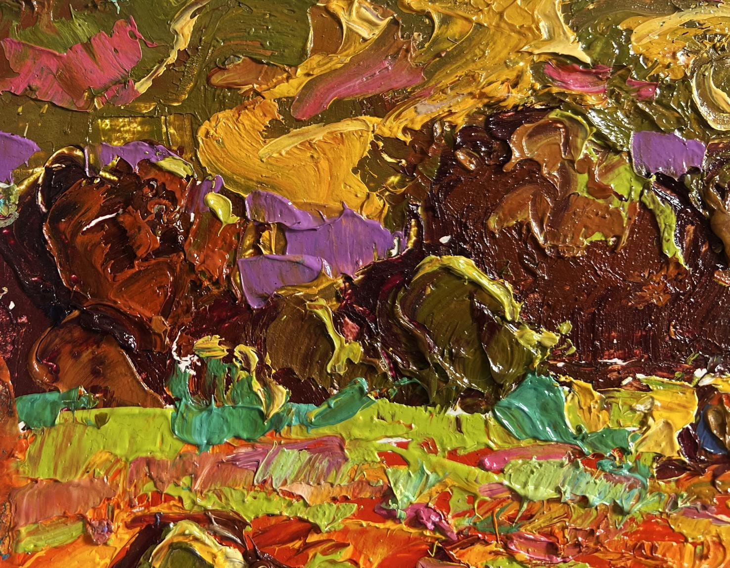 Vibrant oil painting Golden haystacks by Oleksiy Ivanyuk with bold gold brushstrokes